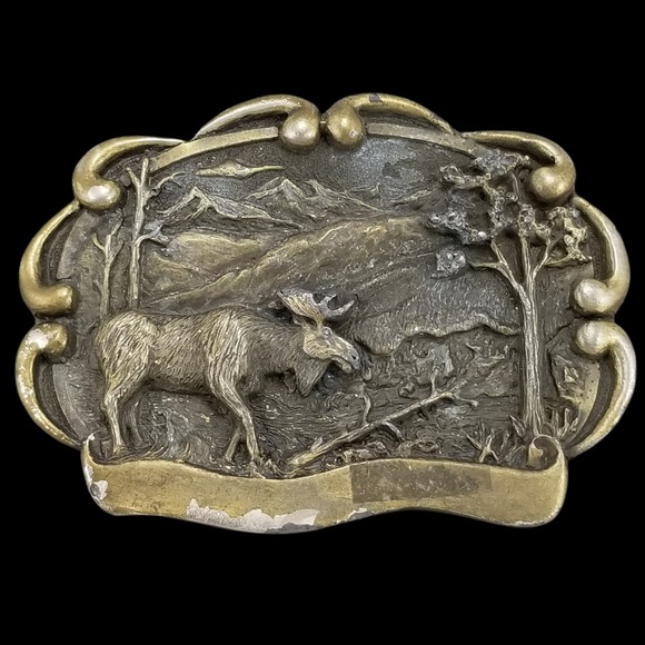 Vintage Colorado Silver‎ Star Moose Landscape Belt Buckle 1988 Made in USA